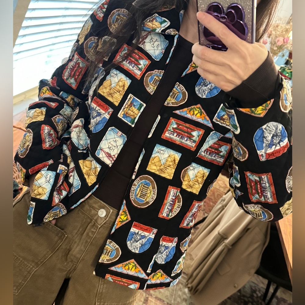 Vintage Y2K Colorful Silk Patchwork Travel The World Bomber Jacket Size 8